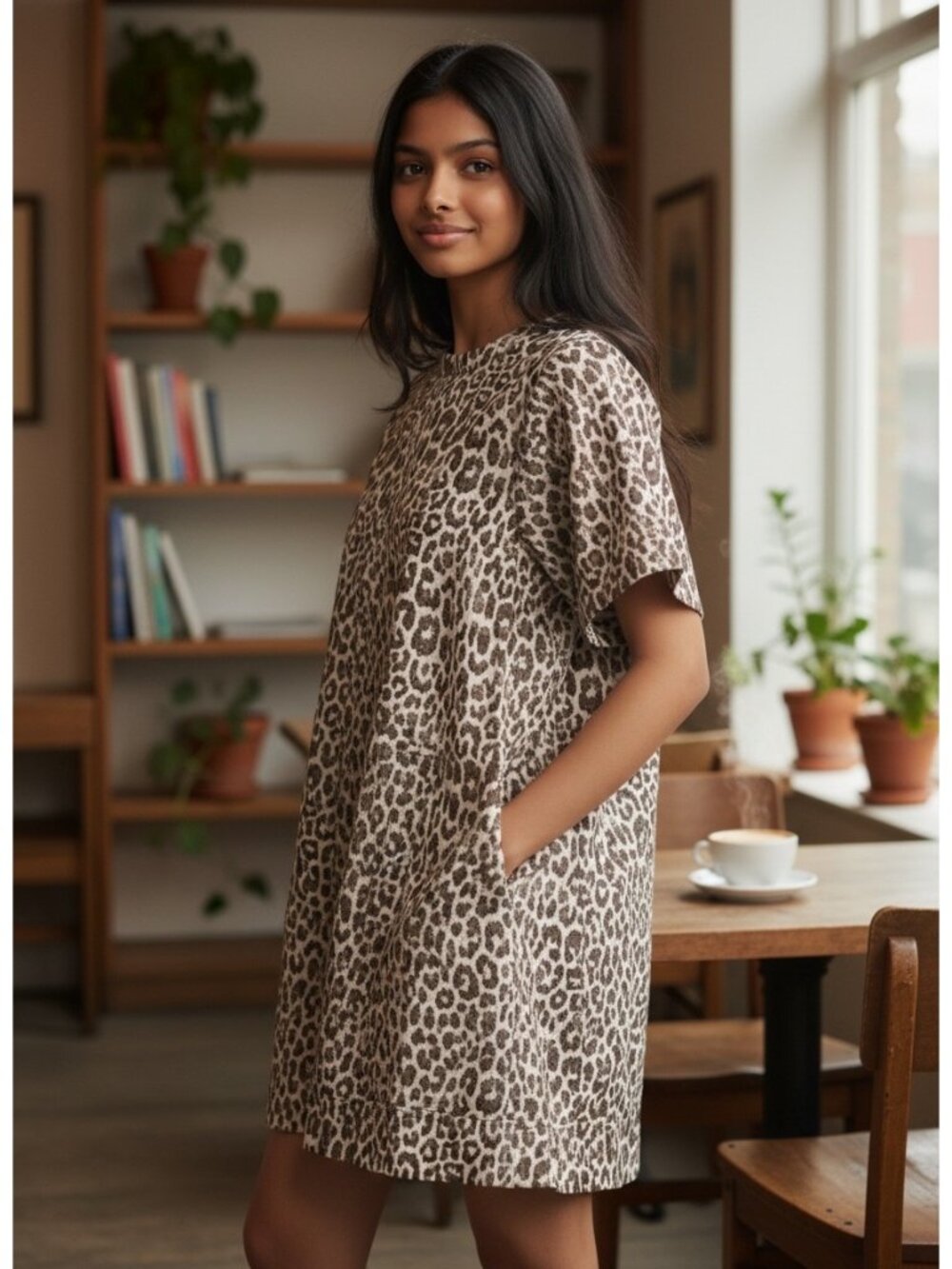Anthropologie Maeve Short Sleeve Crew Neck Swing Mini Dress L Brown Leopard